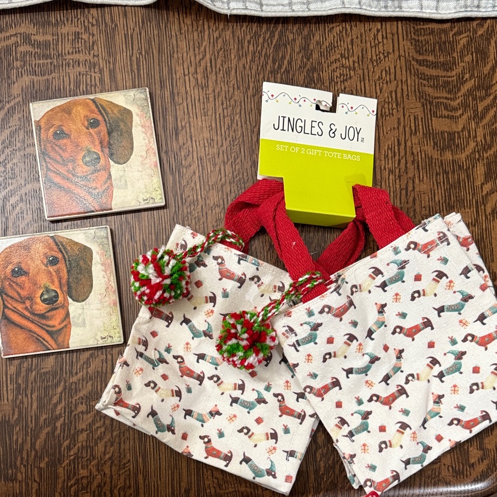 Dachshund holiday sweaters small tote bags and 2 ceramic dachshund coasters